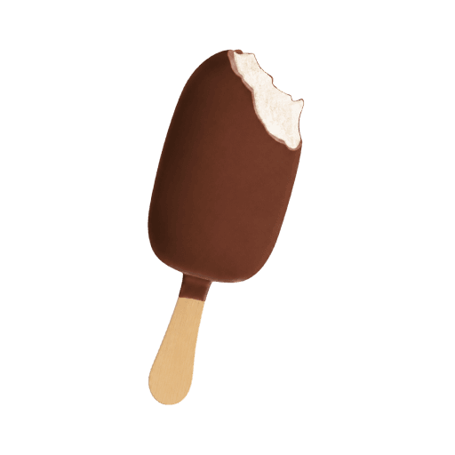Magnum Product A chocolate-coated ice cream bar on a wooden stick with a bite taken out, revealing white vanilla ice cream inside.
