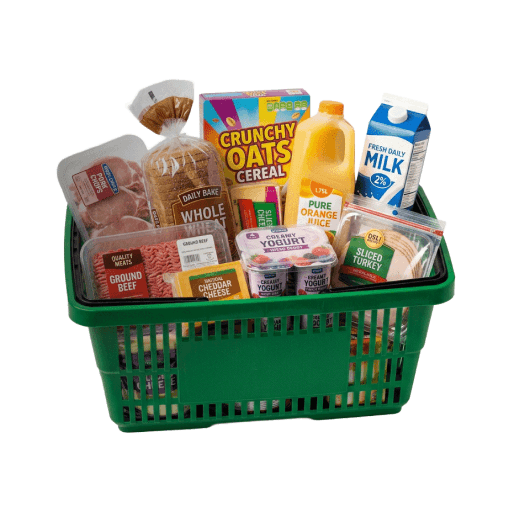 Walmart Product Green shopping basket filled with groceries including milk, orange juice, cereal, bread, ground beef, yogurt, cheese, and sliced turkey.