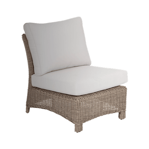 Adeo Product Armless outdoor wicker chair with a natural tan woven frame and thick white cushioned seat and back.