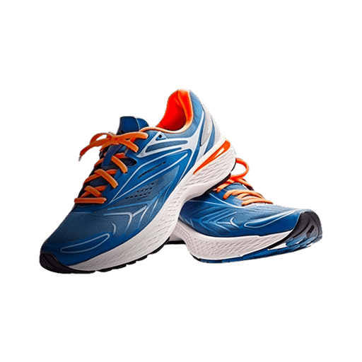 Asics Product A pair of blue and white running shoes with orange laces and accents, featuring a cushioned white sole.