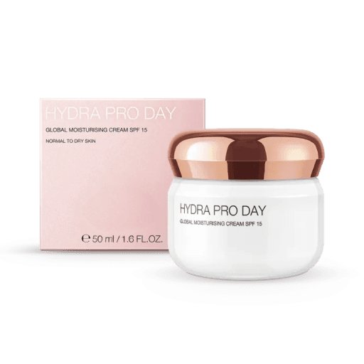 The Body Shop Product White jar with rose gold lid of Hydra Pro Day Global Moisturising Cream SPF 15 beside its pink packaging box.