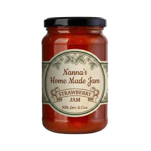 JM Smucker Product A glass jar of Nanna's Home Made Strawberry Jam with a vintage-style label and black lid, filled with red jam.
