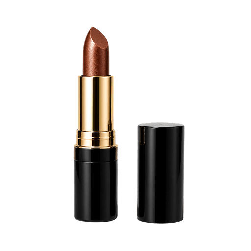 Revlon Product Open lipstick with a metallic bronze bullet in a black and gold tube, cap placed beside it on a white background.