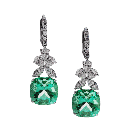 Swarowski Product Elegant drop earrings featuring large cushion-cut green gemstones with diamond-encrusted silver settings and pavé huggie clasps.