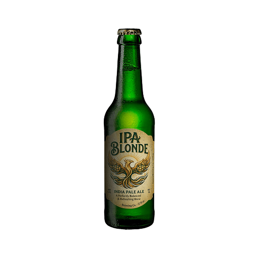 Tsingtao Product Green glass bottle of IPA Blonde India Pale Ale with a gold label featuring a phoenix design, on a white background.